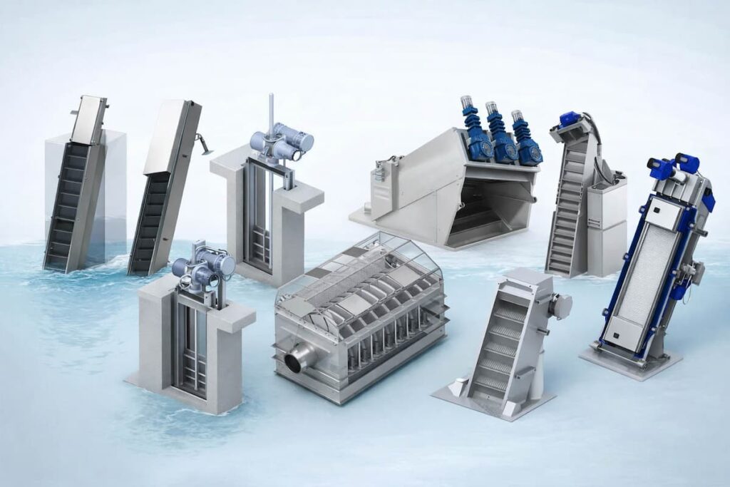 Comparison of wastewater bar screen types including coarse bar screen, step screen, and fine screen installations in a WWTP inlet works channel