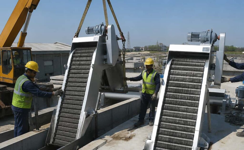 Mechanical bar screen being installed in wastewater headworks channel with crane and installation crew