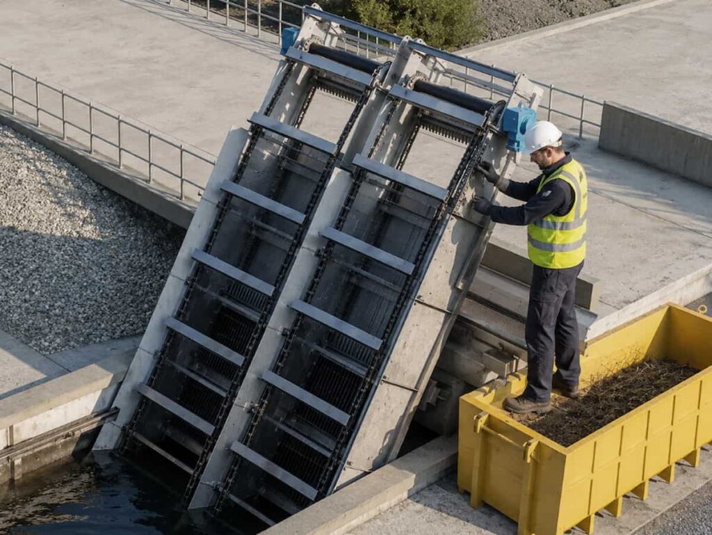 Maintenance technician inspecting drive chain on mechanical bar screen in wastewater headworks channel